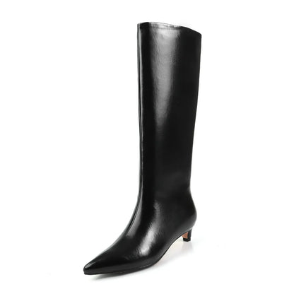 QUTAA News Fashion Winter Women Knee High Boots Pointed Toe Woman Shoes Low Kitten Heels Cow Leather Long Boots Dress Size 34-43