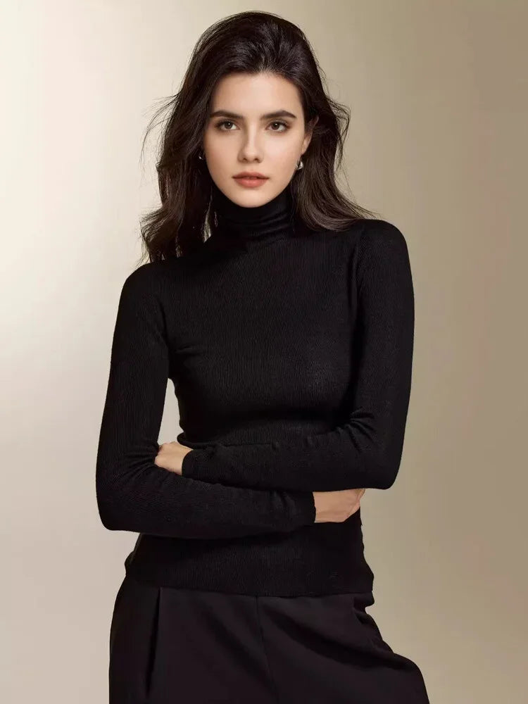 SuyaDream, Women Turtleneck Pullovers, 100%Merino Wool, High Collar, Whole Garment Sweaters, 2025 Fall Winter Slim Warm Top