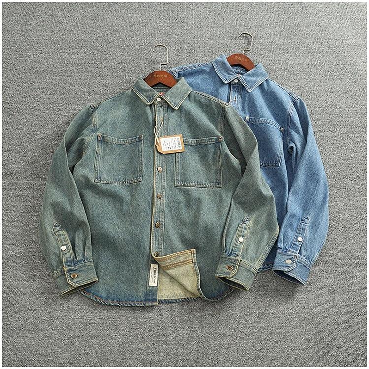 American Casual Men's Long Sve Denim irt Pure Cotton Heavyweight Waed Vintage Workwear Layering irt Jaet