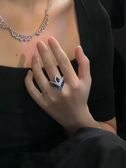 Premium and exquisite crown shaped design water droplet sapphire rings for women luxurious wedding silver 925 blue ring jewelry