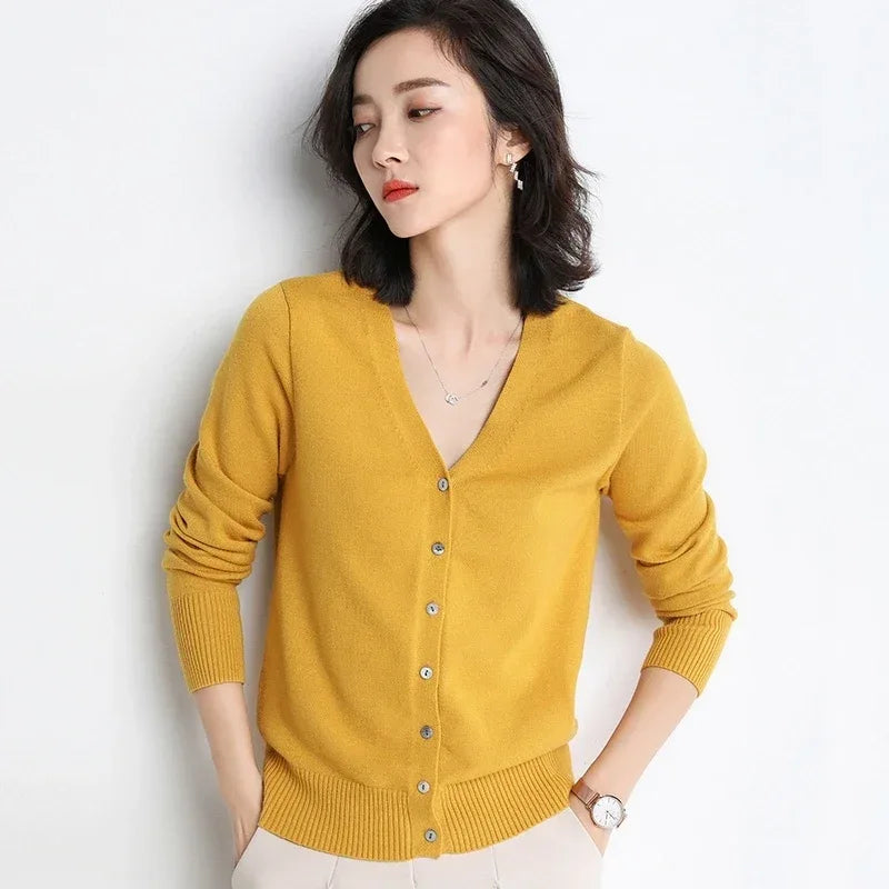 Women Cardigans V-neck Long Sleeve Knitted Outerwear Solid Thin Spring Autumn Sweaters Knitwears Korean Fashion Red Cardigans