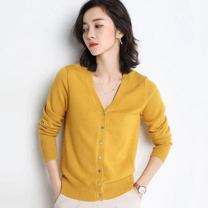Women Cardigans V-neck Long Sleeve Knitted Outerwear Solid Thin Spring Autumn Sweaters Knitwears Korean Fashion Red Cardigans