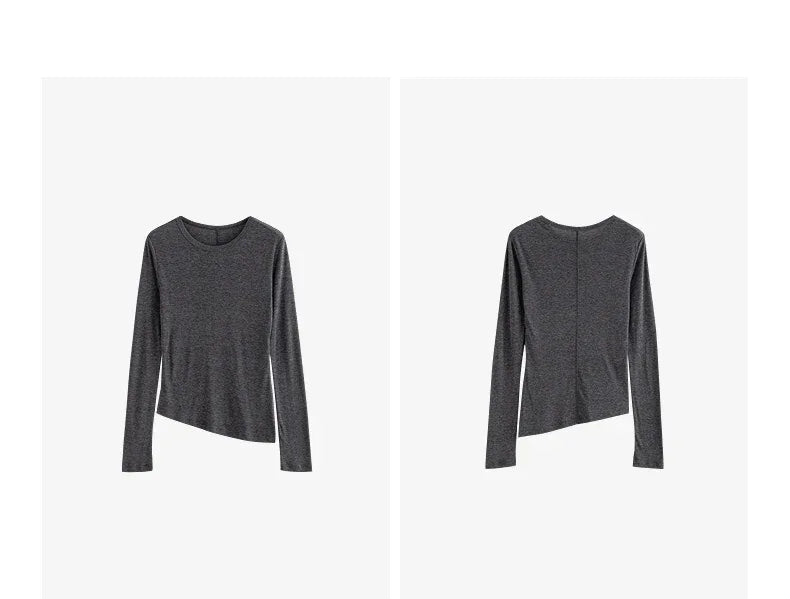 TOYOUTH Women T-shirt  2025 Autumn New Slanted Hem Lyocell Wool Slim Fit Long Sleeve Base Tops