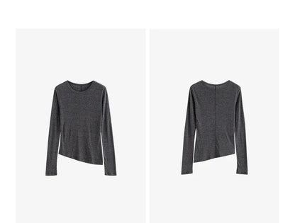 TOYOUTH Women T-shirt  2025 Autumn New Slanted Hem Lyocell Wool Slim Fit Long Sleeve Base Tops