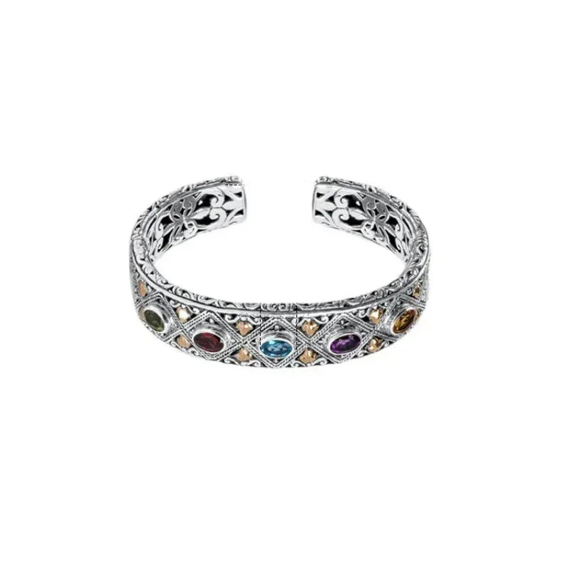 925 Silver Luxury Inlaid Colored Gemstone Bracelet Fashionable Wedding Fine Couple Bangles Jewelry Gift for Girlfriend