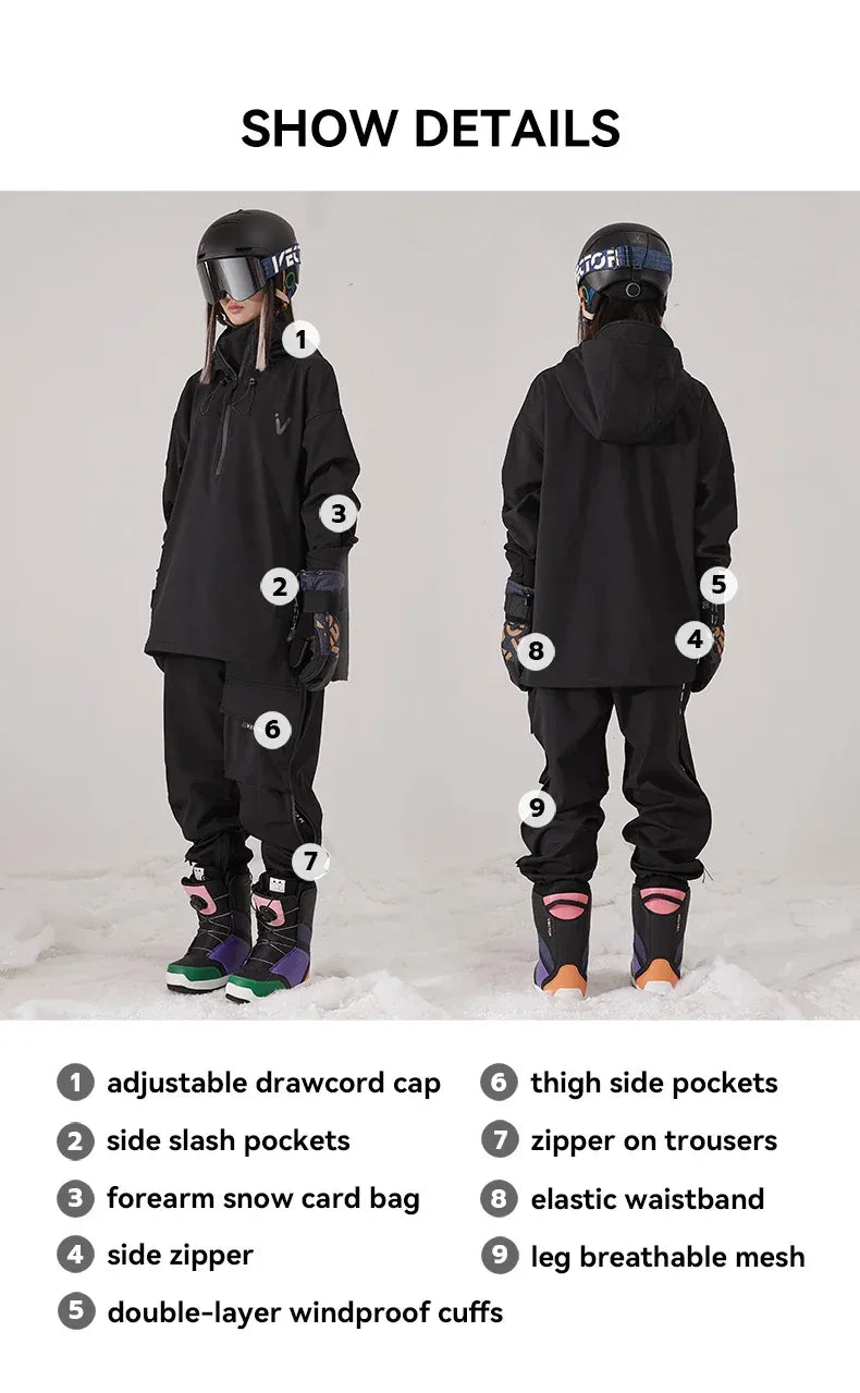 Men Women Solid Color Ski Jacket Ski Pants Warm Windproof Winter Overalls Hoodie Waterproof Outdoor Sports Clothing Snowboard