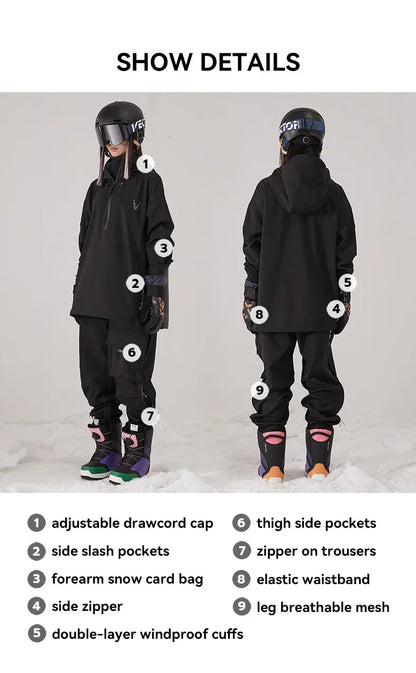 Men Women Solid Color Ski Jacket Ski Pants Warm Windproof Winter Overalls Hoodie Waterproof Outdoor Sports Clothing Snowboard