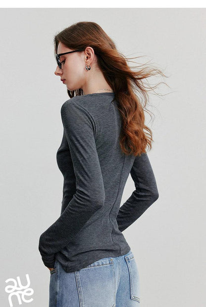TOYOUTH Women T-shirt  2025 Autumn New Slanted Hem Lyocell Wool Slim Fit Long Sleeve Base Tops