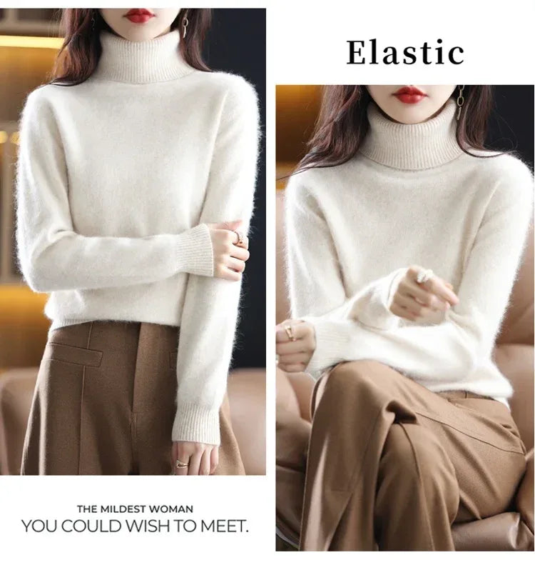 New Women's Clothing For Autumn/Winter 2024 100% Mink Plush Turtleneck Pullover Sweater Ladies Cashmere Sweater Dbr-018