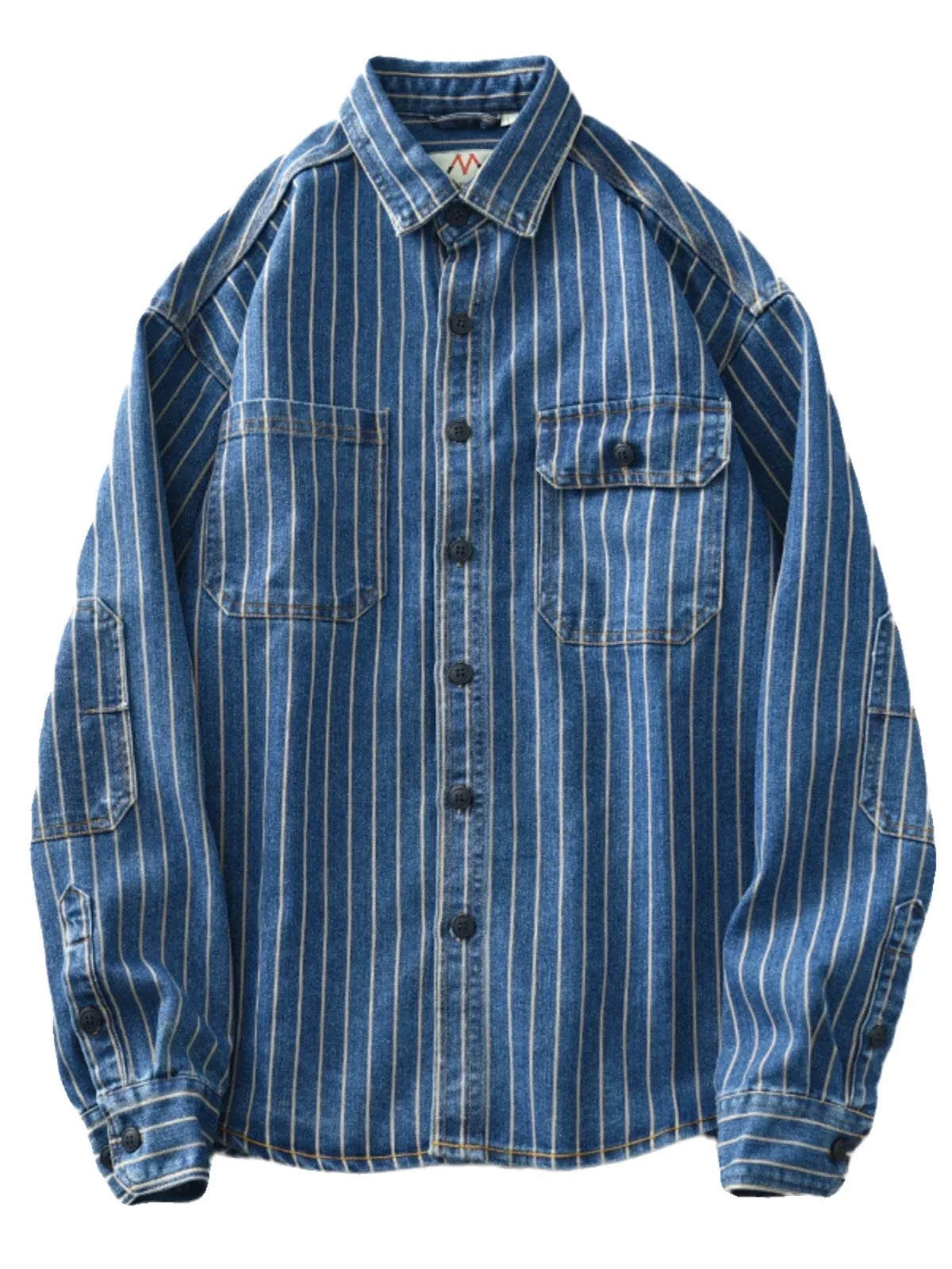 Retro Japanese Sle Men's Denim irt Cotton Long Sve Waed Striped Workwear Loose Fit Outerwear Faion Urban Youth
