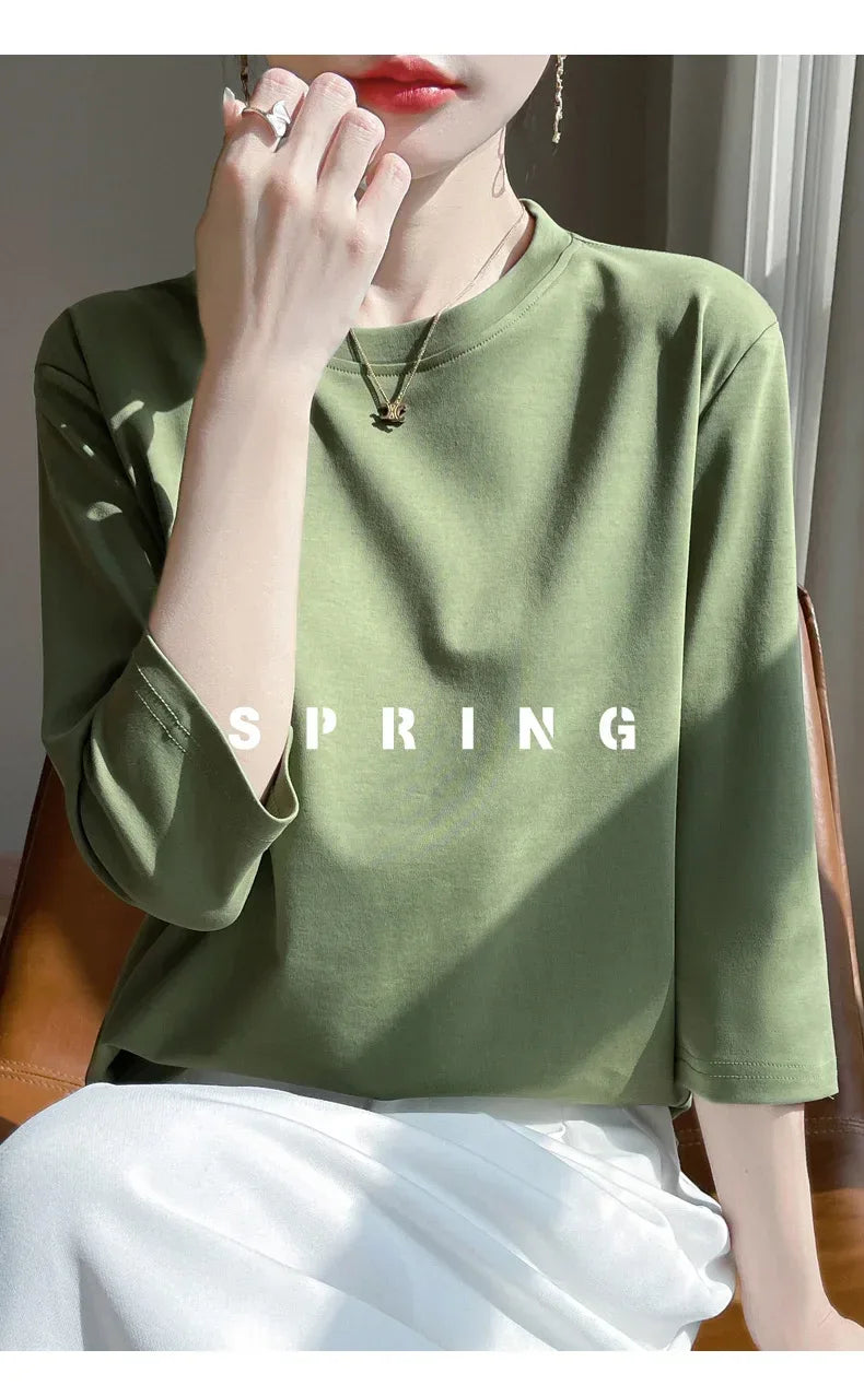 Mercerized Cotton Cropped Sleeve Female Spring And Summer 2023 New Round Neck Loose 100% Cotton Short Sleeve Bottoming T-Shirt