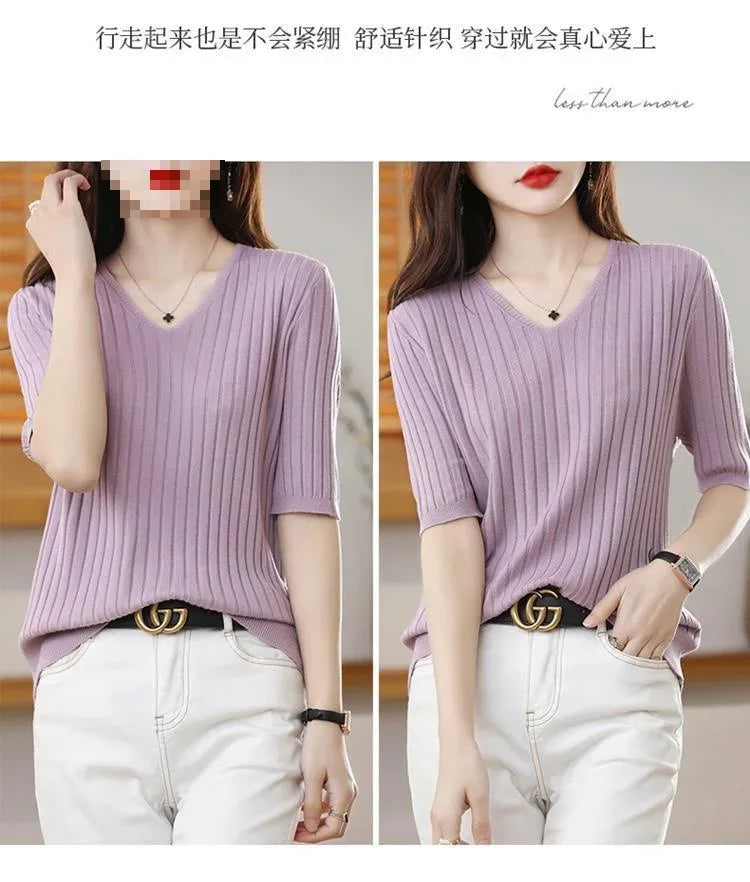 2025 New Spring Summer New Women's V-neck Short-Sleeved Exquisite Cashmere Knitted Sweater Pullover Solid Color