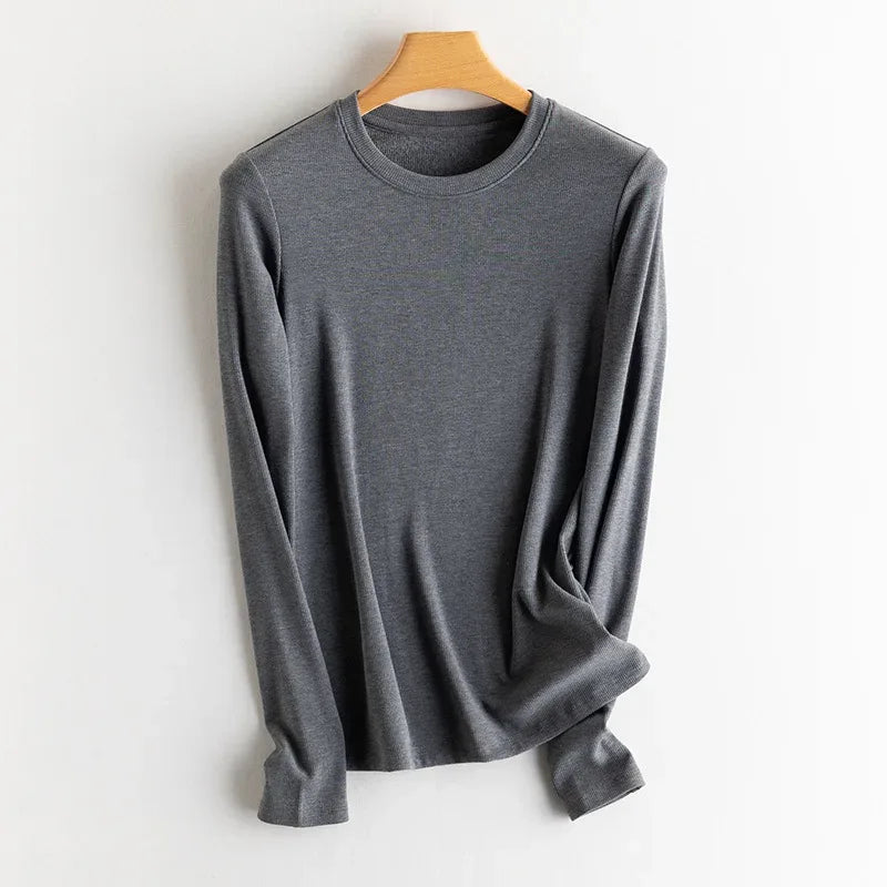 SuyaDream, Women Bottoming T Shirt, Silk Viscose Blend, Long Sleeves, Solid Basic Thermal  Shirt, 2024 Autumn Winter Top