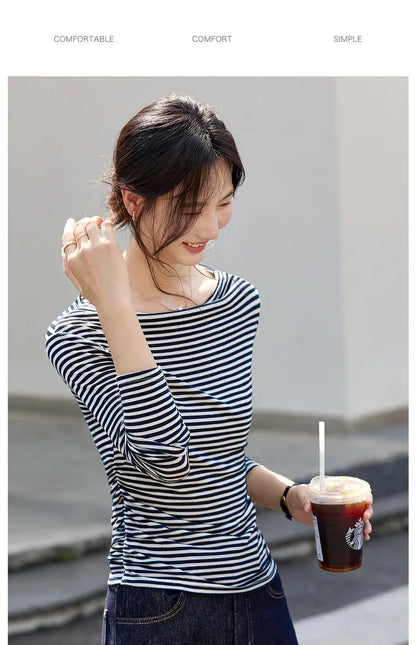 VIMLY Tops Woman 2025 Autumn French Slash Neck Long Sleeve Ladies T-shirts Casual Knitted Slim Fit Strecth Female Tees A3039