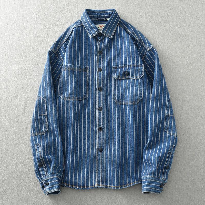 Retro Japanese Sle Men's Denim irt Cotton Long Sve Waed Striped Workwear Loose Fit Outerwear Faion Urban Youth