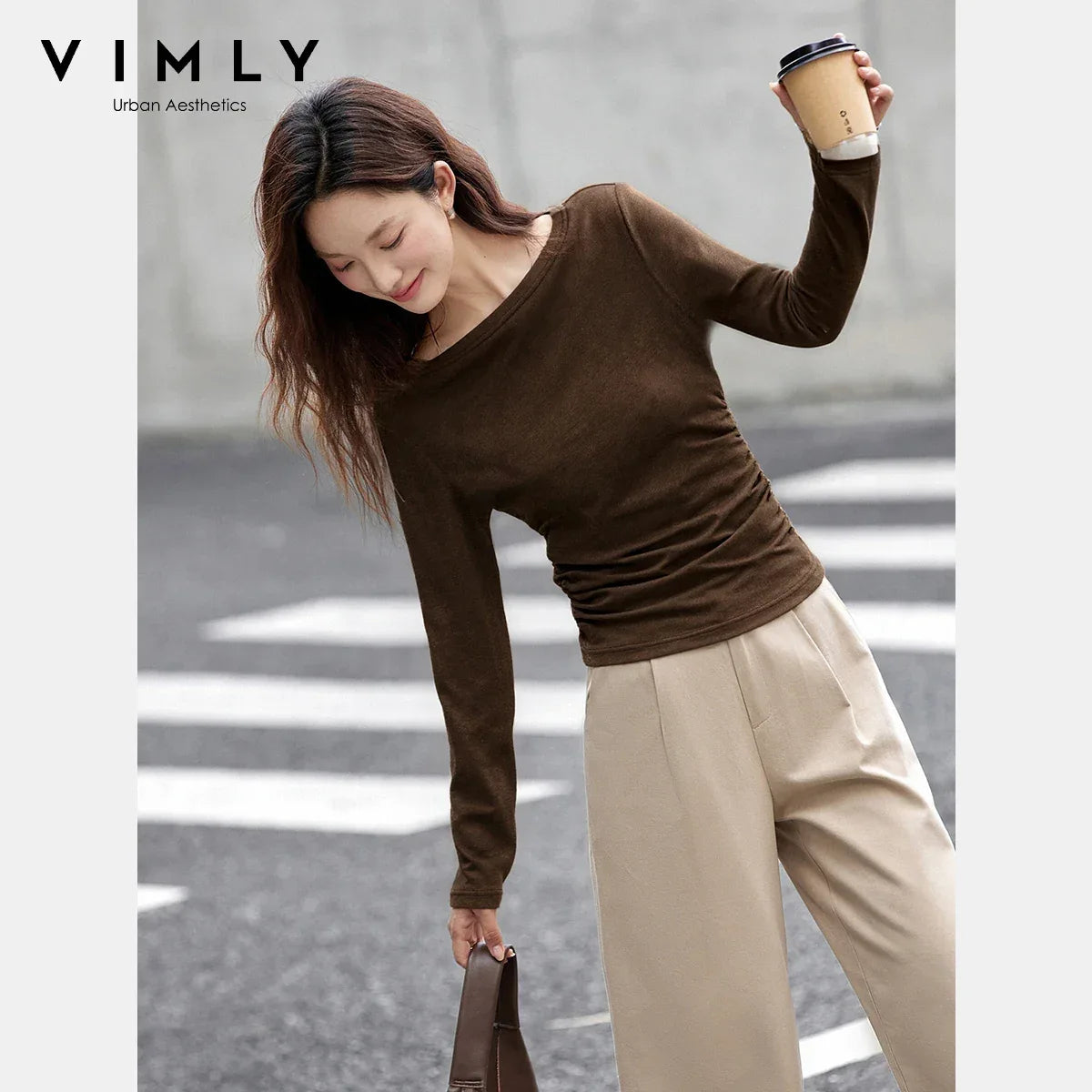 VIMLY Tops Woman 2025 Autumn French Slash Neck Long Sleeve Ladies T-shirts Casual Knitted Slim Fit Strecth Female Tees A3039