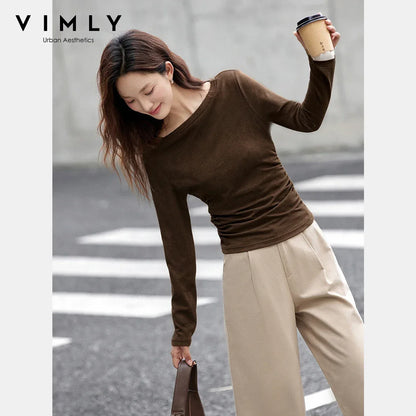 VIMLY Tops Woman 2025 Autumn French Slash Neck Long Sleeve Ladies T-shirts Casual Knitted Slim Fit Strecth Female Tees A3039