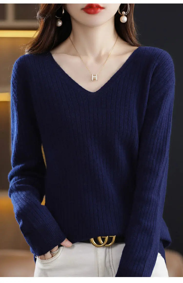Chic Casual Autumn Winter Basic Sweater Pullovers Women V-neck Solid Knit Loose Pullover Female Long Sleeve Warm Khaki Sweater