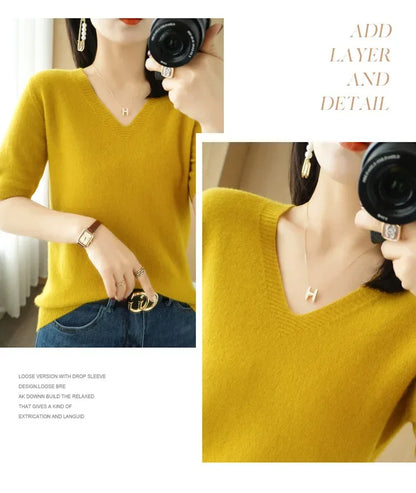 Spring/Summer 2025 Ladies Sweater Pullover Solid Color V-neck Half-sleeved Knitted Cashmere Sweater Thin Casual Top