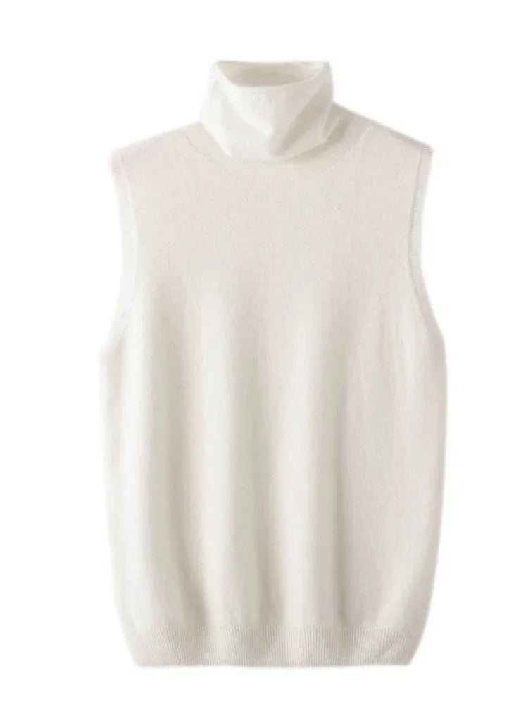 Women 100% Merino Wool Sleeveless Pullovers Turtleneck Sweater Waistcoat Wool Knitwear Spring Autumn Winter Fashion Vest Tops