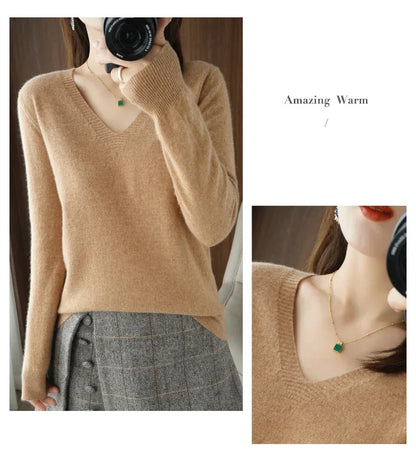 New Cashmere Women's V-neck Pullover Lace Neck Hollow Out Design Casual Knitted Long Sleeve Women's Sweater Autumn And Winter