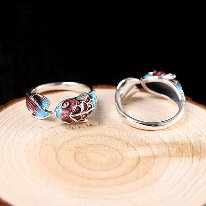 Silver Enamel Color Koi Fish Adjustable Ring Chinese Classical Niche Design Elegant Charm Ladies Brand Jewelry Party Gift