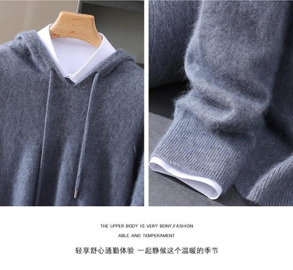 Men's Clothing: 100% Pure Mink Cashmere Knitted Sweater Casual And Loose Large-Sized Hooded Pullover Autumn Winter New Products