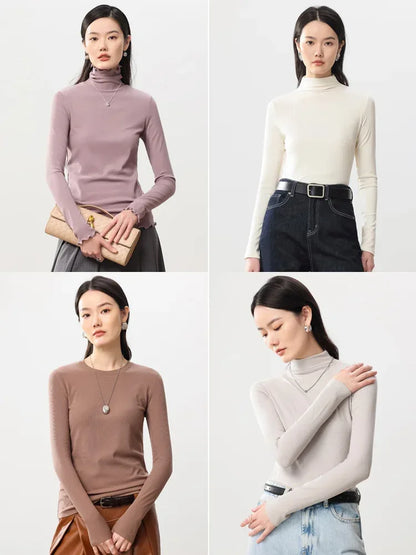 SuyaDream, Women Bottoming T Shirt, Silk Viscose Blend, Long Sleeves, Solid Basic Thermal  Shirt, 2024 Autumn Winter Top