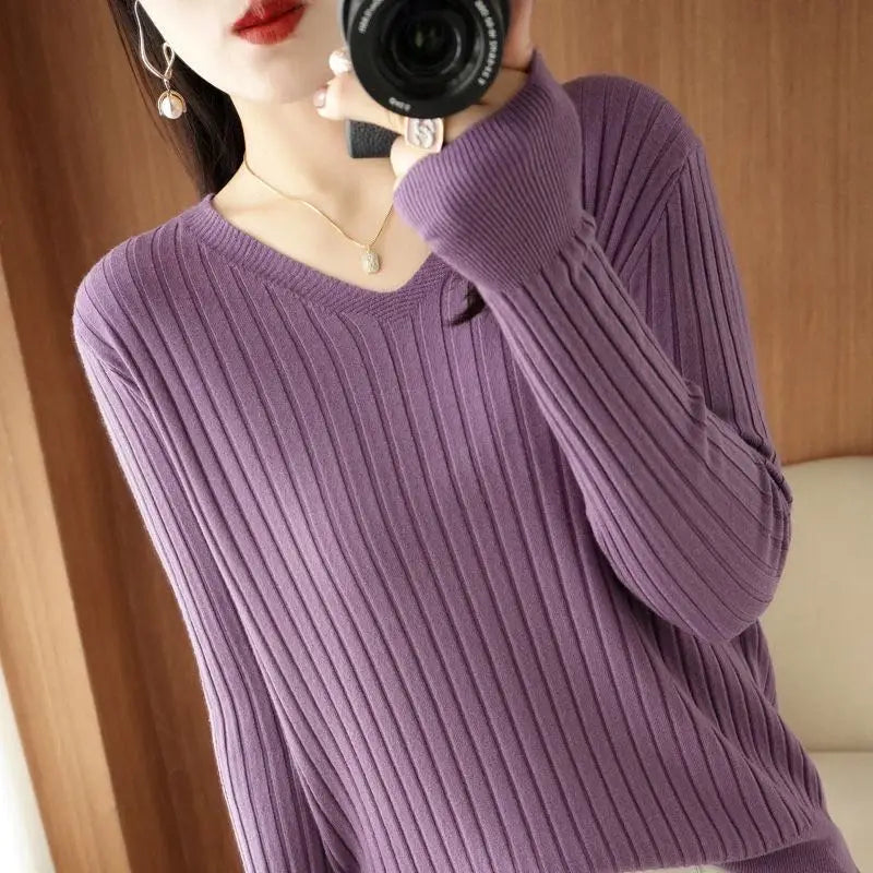 Chic Casual Autumn Winter Basic Sweater Pullovers Women V-neck Solid Knit Loose Pullover Female Long Sleeve Warm Khaki Sweater