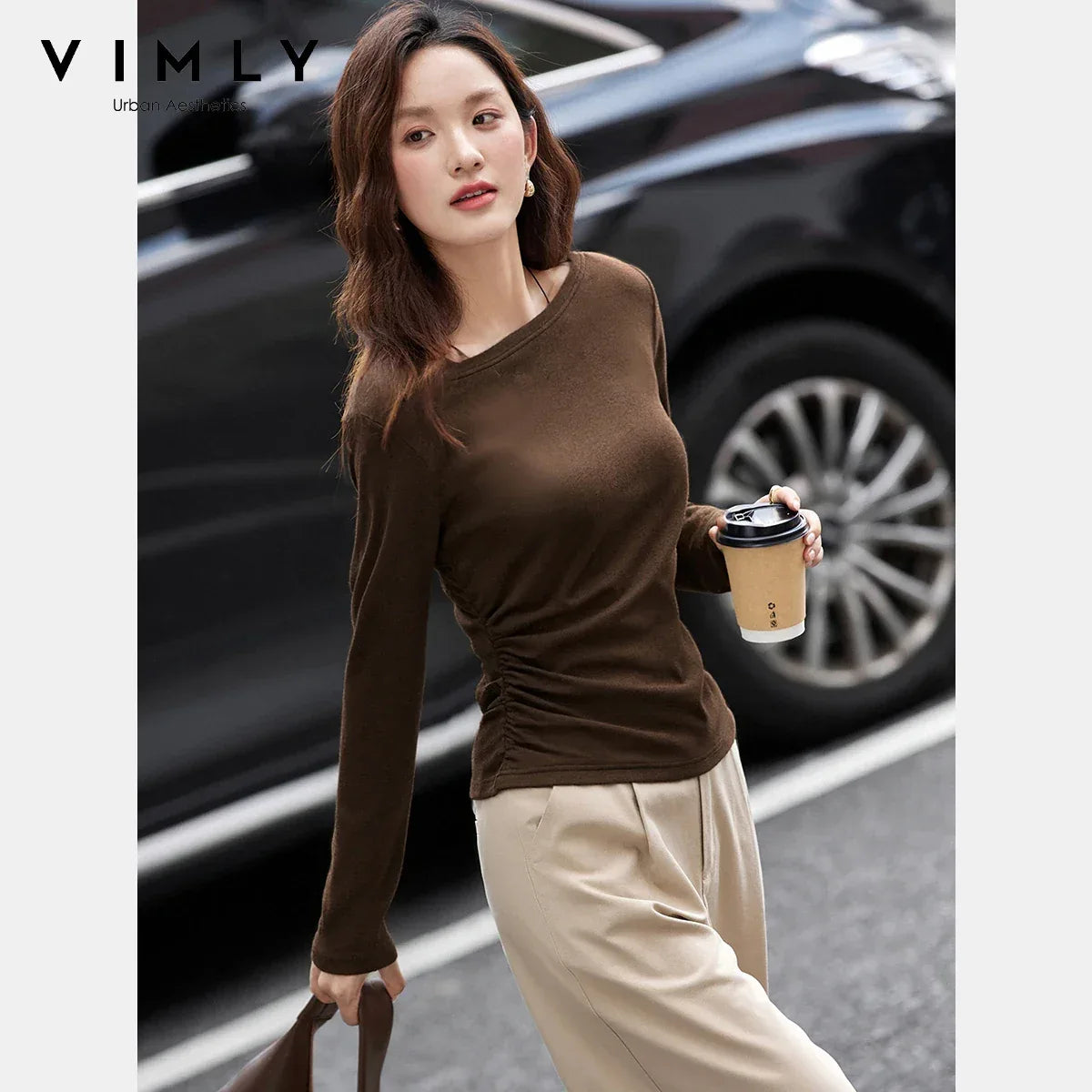 VIMLY Tops Woman 2025 Autumn French Slash Neck Long Sleeve Ladies T-shirts Casual Knitted Slim Fit Strecth Female Tees A3039