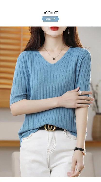 2025 New Spring Summer New Women's V-neck Short-Sleeved Exquisite Cashmere Knitted Sweater Pullover Solid Color