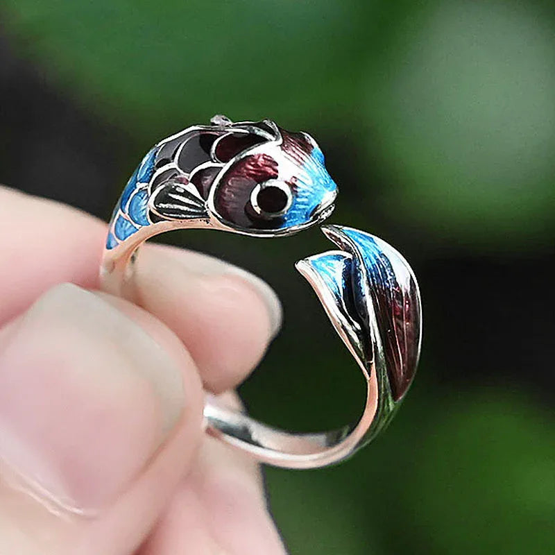 Silver Enamel Color Koi Fish Adjustable Ring Chinese Classical Niche Design Elegant Charm Ladies Brand Jewelry Party Gift