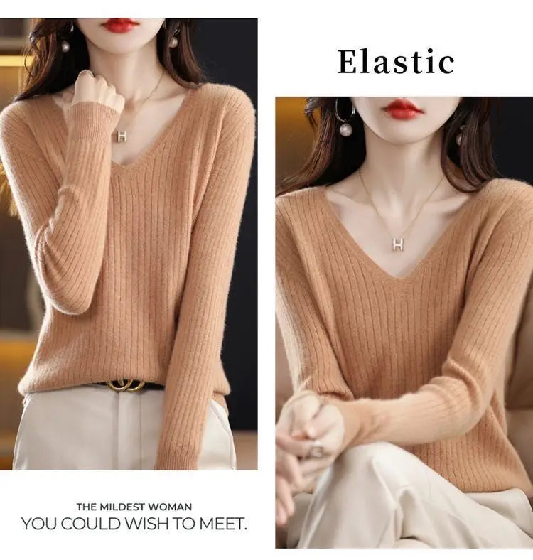 Chic Casual Autumn Winter Basic Sweater Pullovers Women V-neck Solid Knit Loose Pullover Female Long Sleeve Warm Khaki Sweater