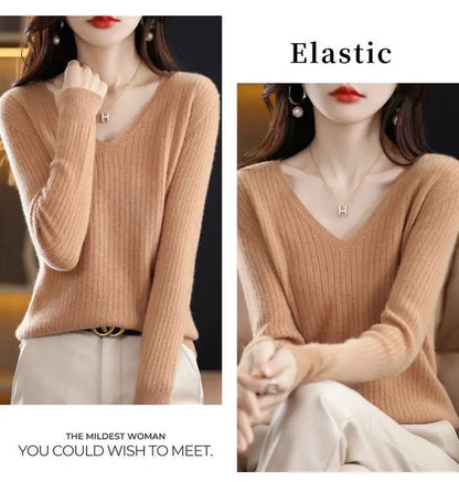 Chic Casual Autumn Winter Basic Sweater Pullovers Women V-neck Solid Knit Loose Pullover Female Long Sleeve Warm Khaki Sweater