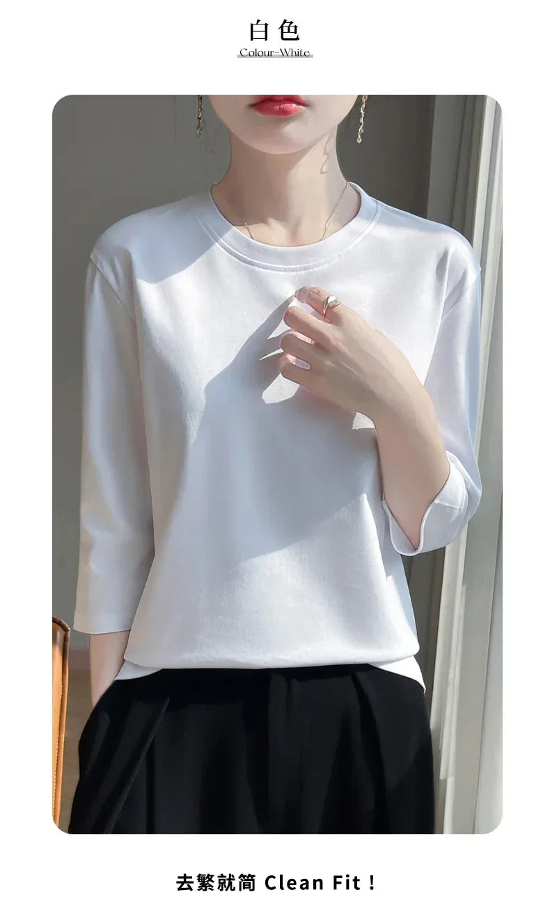 Mercerized Cotton Cropped Sleeve Female Spring And Summer 2023 New Round Neck Loose 100% Cotton Short Sleeve Bottoming T-Shirt
