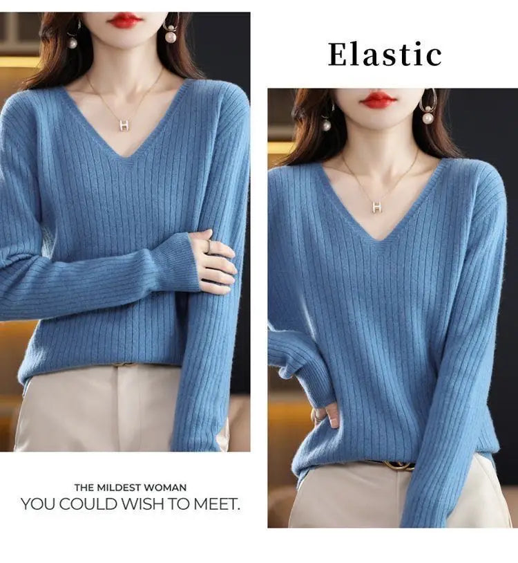 Chic Casual Autumn Winter Basic Sweater Pullovers Women V-neck Solid Knit Loose Pullover Female Long Sleeve Warm Khaki Sweater