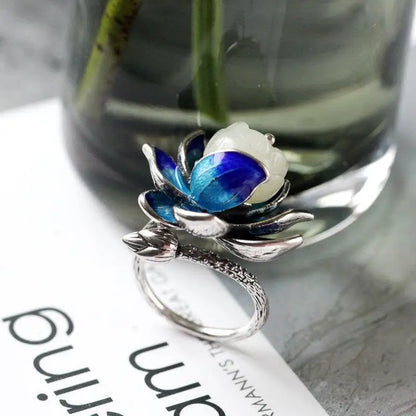 Natural Hetian  jade Enamel Porcelain Lotus Canopy Open Ring Chinese Retro Designer Style original Design Silver jewelry
