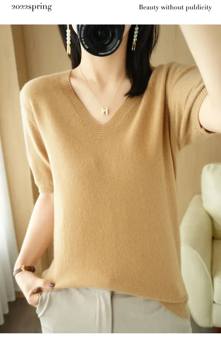 Spring/Summer 2025 Ladies Sweater Pullover Solid Color V-neck Half-sleeved Knitted Cashmere Sweater Thin Casual Top