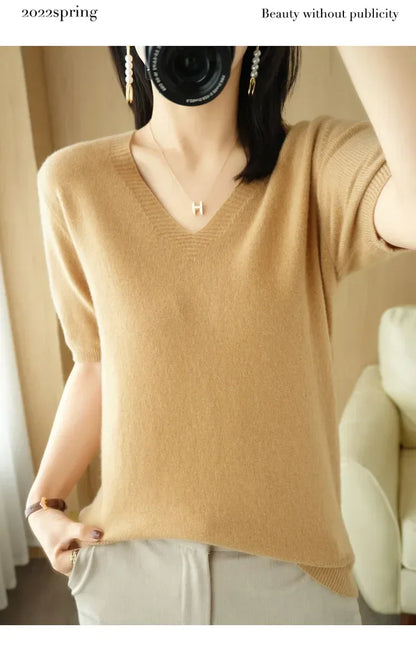Spring/Summer 2025 Ladies Sweater Pullover Solid Color V-neck Half-sleeved Knitted Cashmere Sweater Thin Casual Top