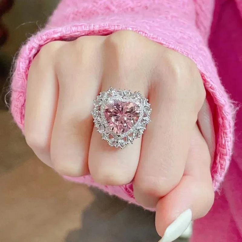 Romantic and creative Full Diamond Pink Gem Heart shaped rings for women Trendy silver 925 Sparkling Ring Engagement Jewelry