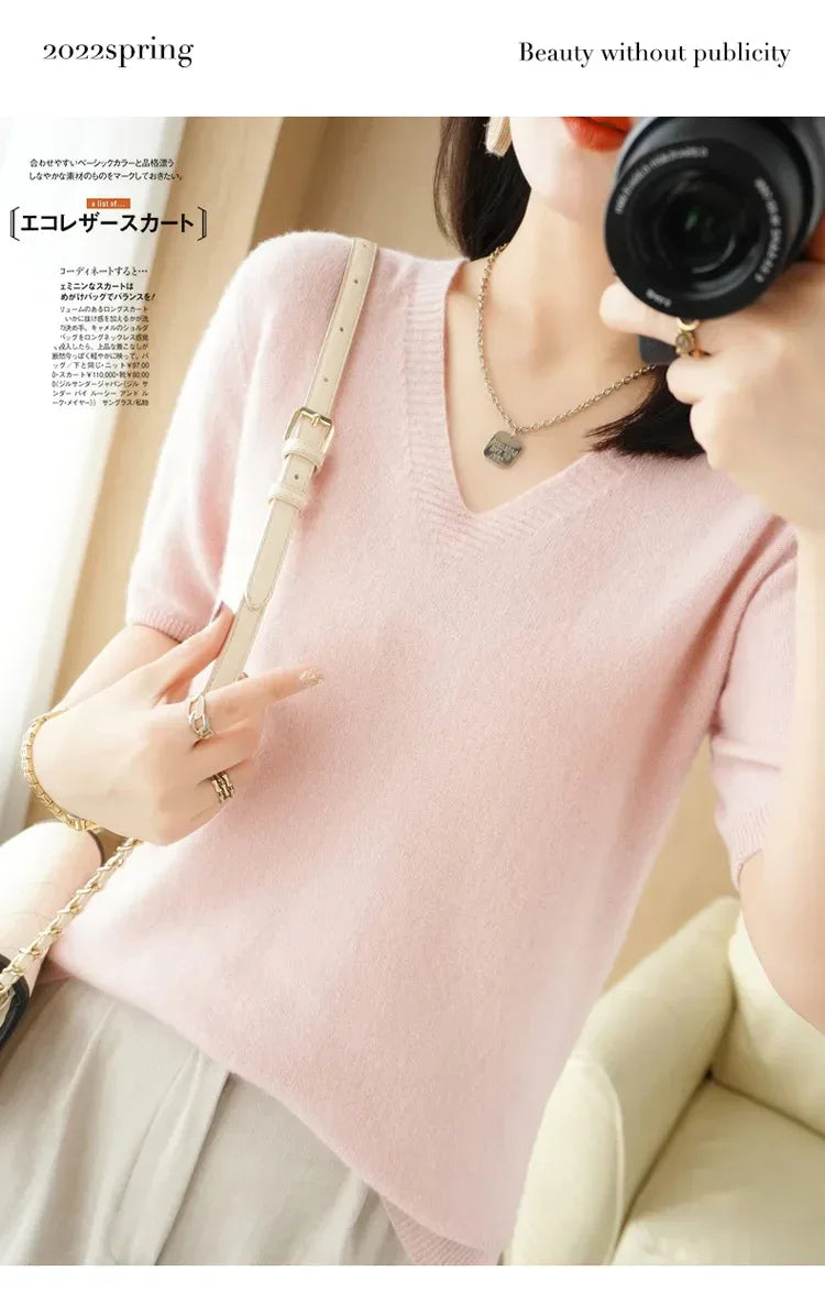 Spring/Summer 2025 Ladies Sweater Pullover Solid Color V-neck Half-sleeved Knitted Cashmere Sweater Thin Casual Top