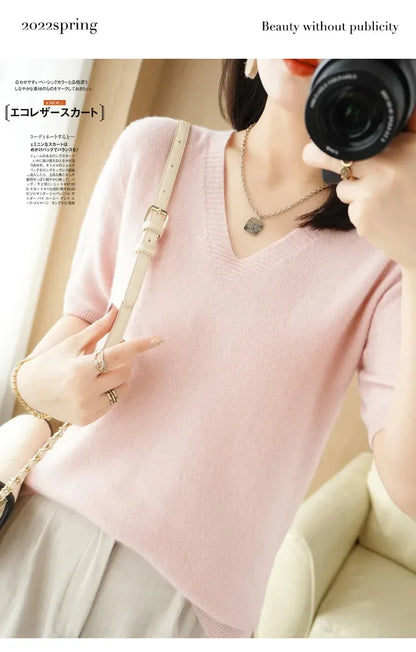 Spring/Summer 2025 Ladies Sweater Pullover Solid Color V-neck Half-sleeved Knitted Cashmere Sweater Thin Casual Top