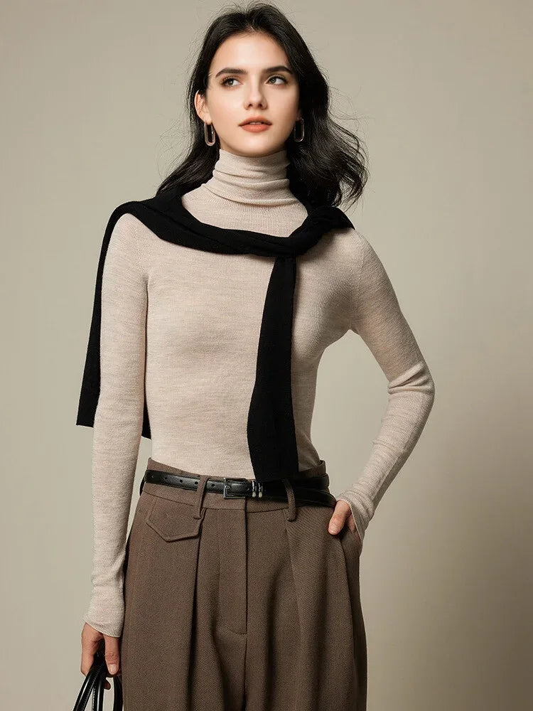 SuyaDream, Women Turtleneck Pullovers, 100%Merino Wool, High Collar, Whole Garment Sweaters, 2025 Fall Winter Slim Warm Top