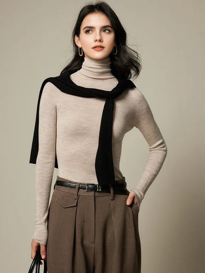 SuyaDream, Women Turtleneck Pullovers, 100%Merino Wool, High Collar, Whole Garment Sweaters, 2025 Fall Winter Slim Warm Top
