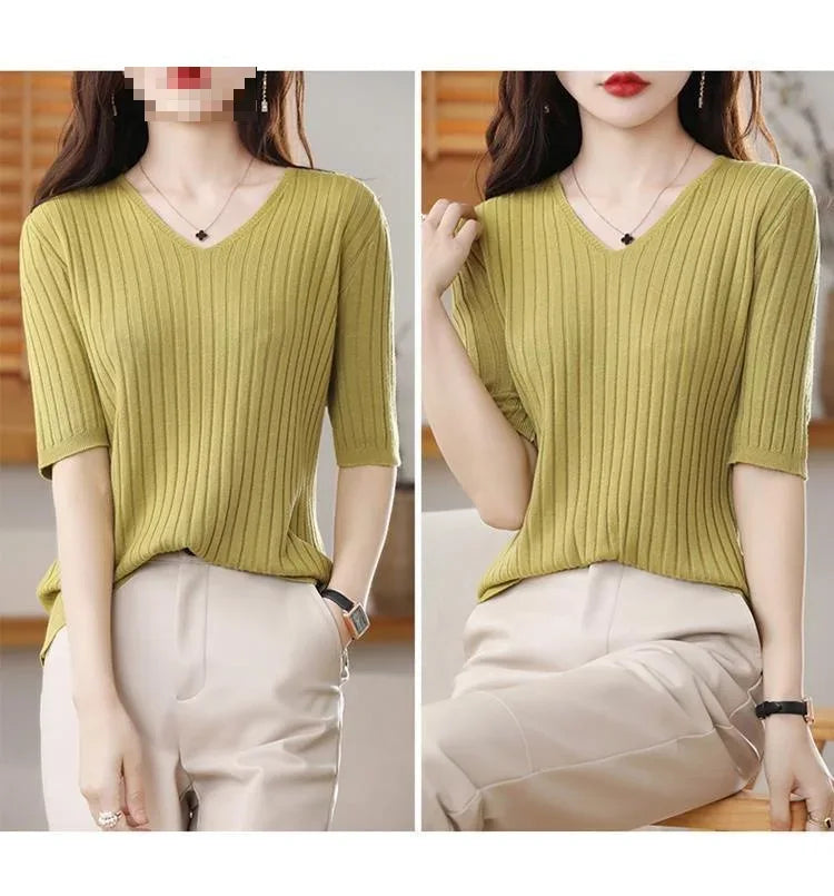 2025 New Spring Summer New Women's V-neck Short-Sleeved Exquisite Cashmere Knitted Sweater Pullover Solid Color
