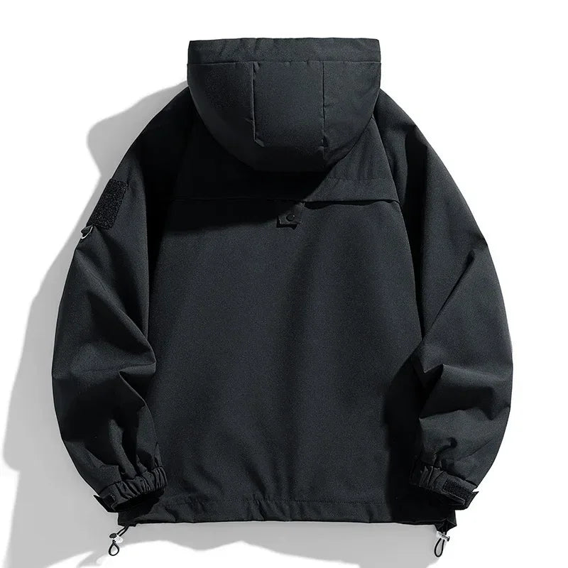 Windbreakers Men Hooded Jacket Zipper Coat Cargo Waterproof Black Bomber Camping Loose Thin Softshell Hooded Hiking Jacket