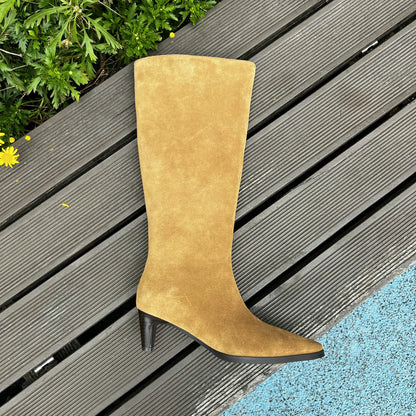 QUTAA Fashion Winter Women Knee High Boots Cow Suede Autumn Shoes Pointed Toe Buckles Chunky High Heels Motorcycle Boots 34-43
