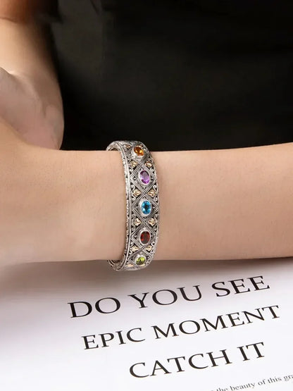925 Silver Luxury Inlaid Colored Gemstone Bracelet Fashionable Wedding Fine Couple Bangles Jewelry Gift for Girlfriend