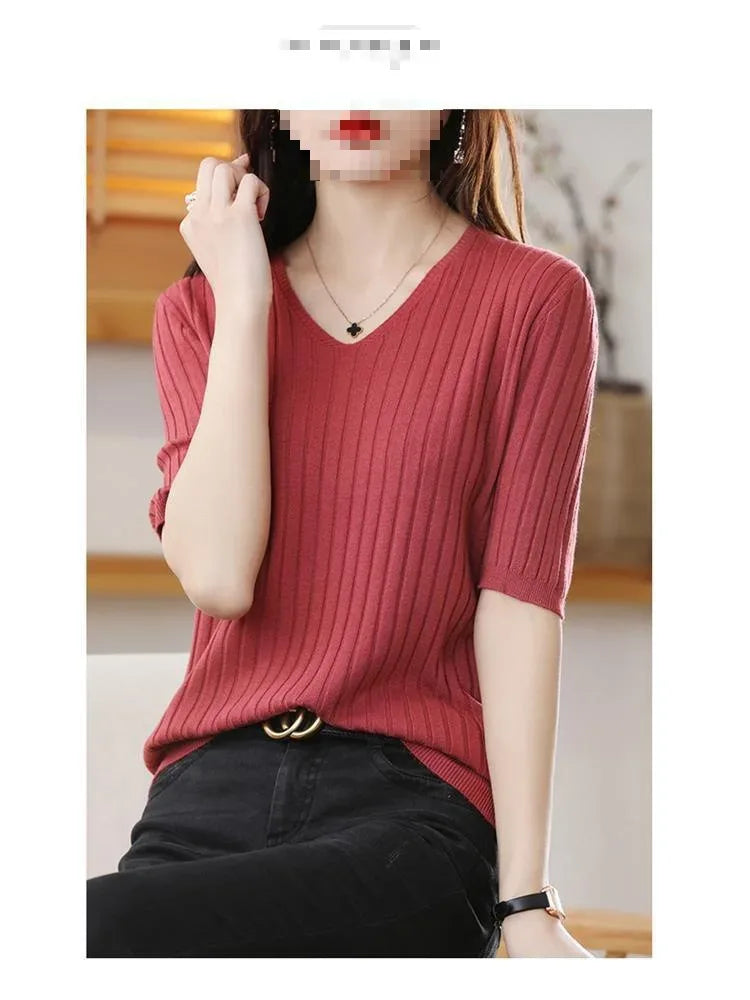 2025 New Spring Summer New Women's V-neck Short-Sleeved Exquisite Cashmere Knitted Sweater Pullover Solid Color