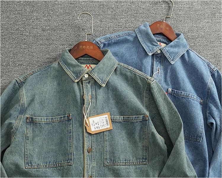 American Casual Men's Long Sve Denim irt Pure Cotton Heavyweight Waed Vintage Workwear Layering irt Jaet